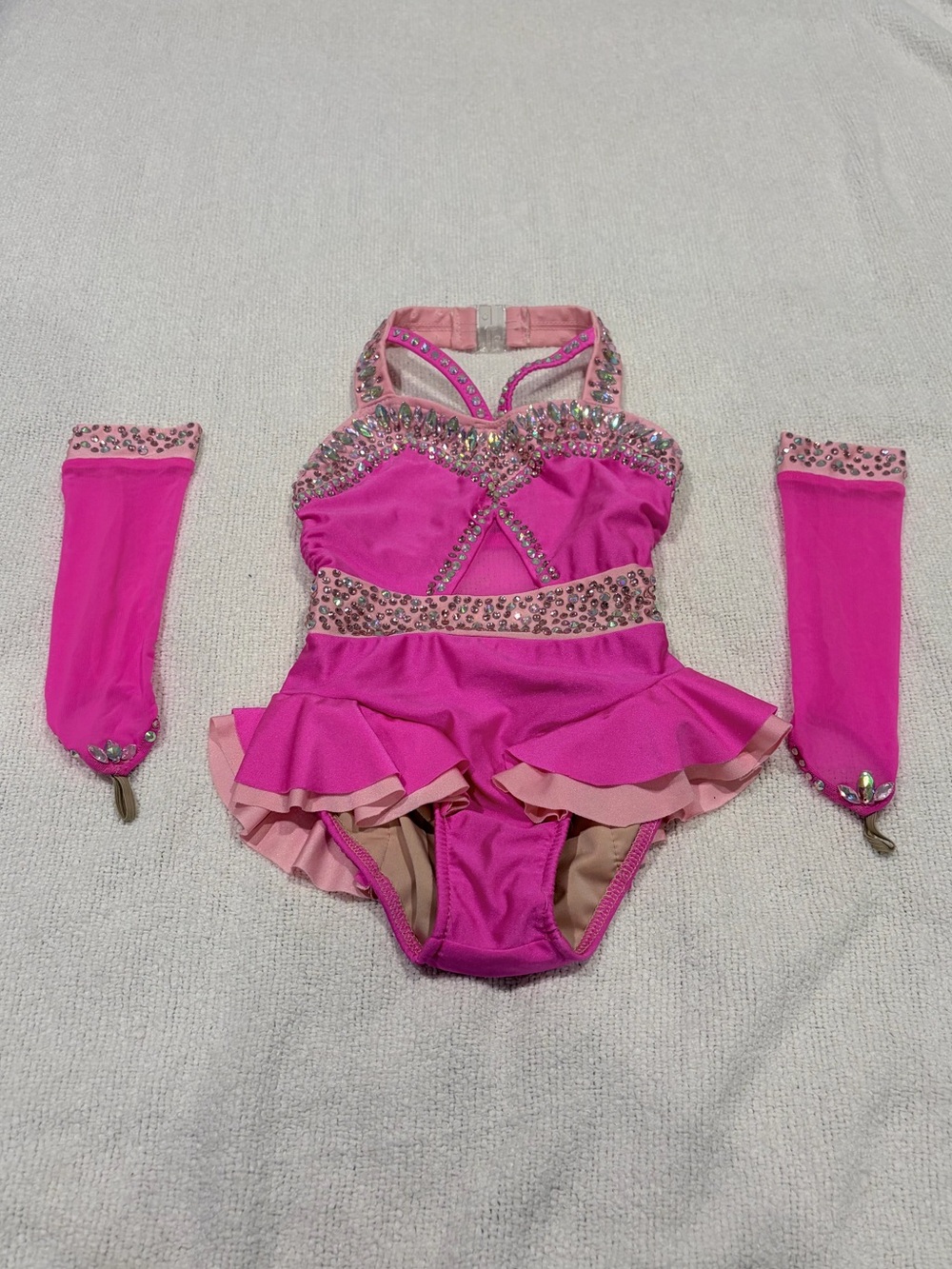 Glamour Hot Pink and Light Pink Sequin Dance Leotard with Arm Sleeves